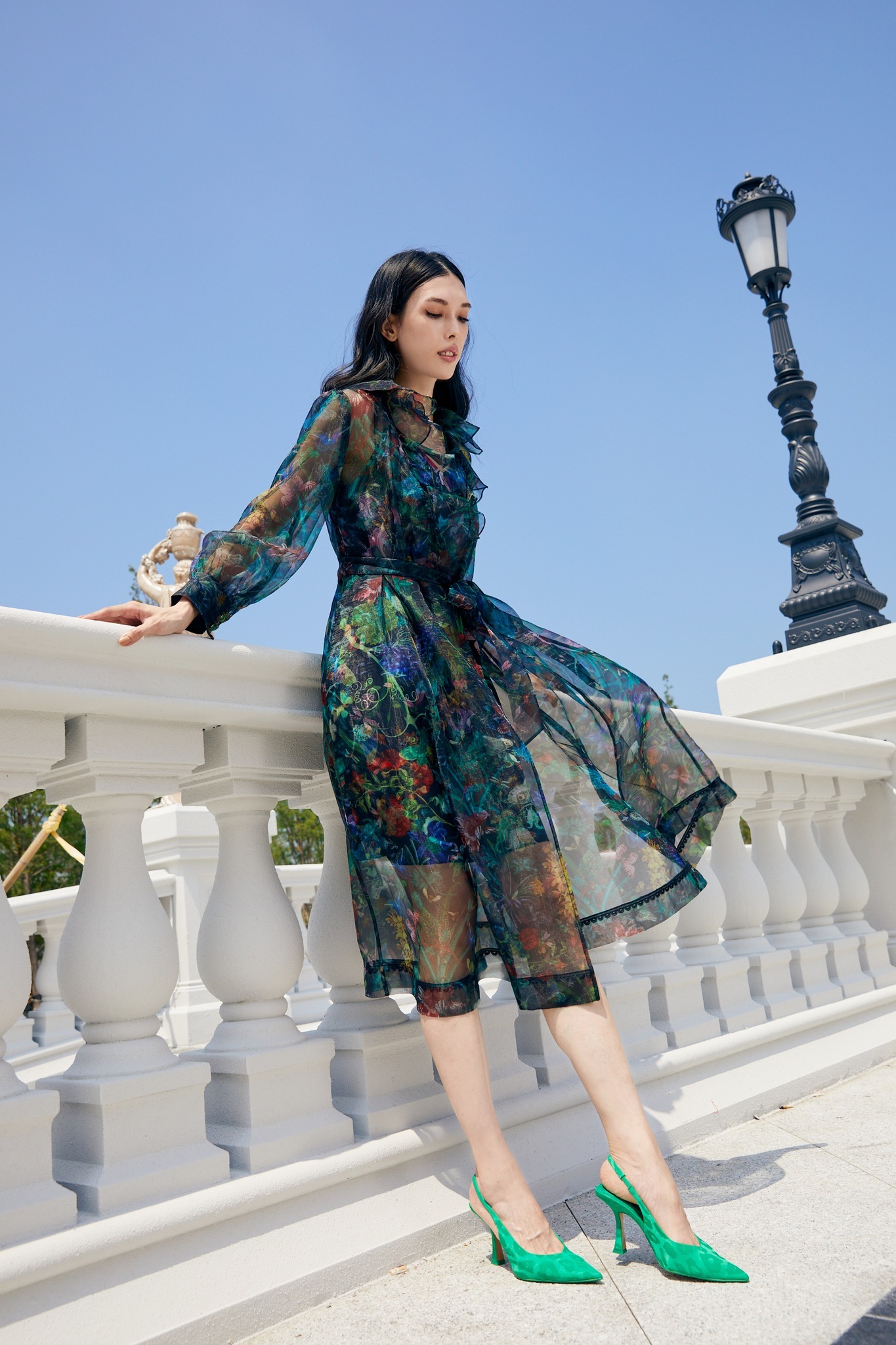 BC1EA013E1 異國花園烏干紗罩衫長洋 (2色 / 附印花內搭 / 附本布腰帶)