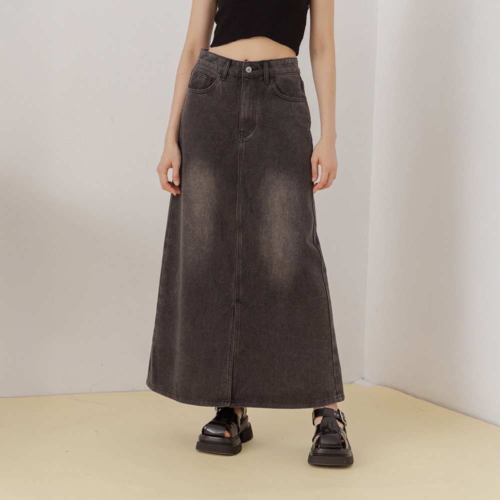 Straight-cut denim maxi skirt with front slits S/M/L【03021566】in stock+pre-order