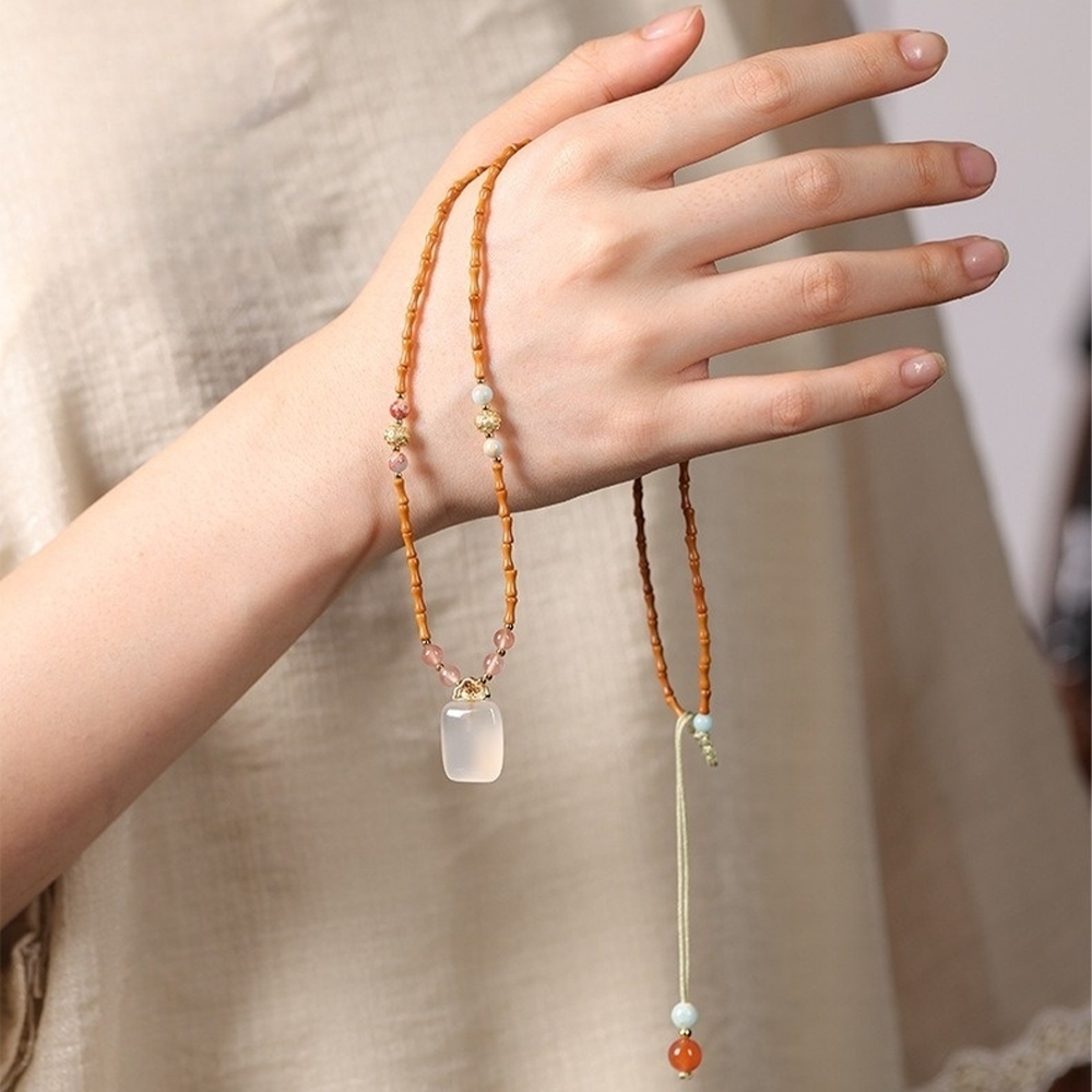 飾品 項鍊 玉髓項鍊 新中式 天然玉石 玉石項鍊 鎖骨鍊 如意鎖 平安無事牌 保平安 開運項鍊 竹節項鍊 檀香木 517