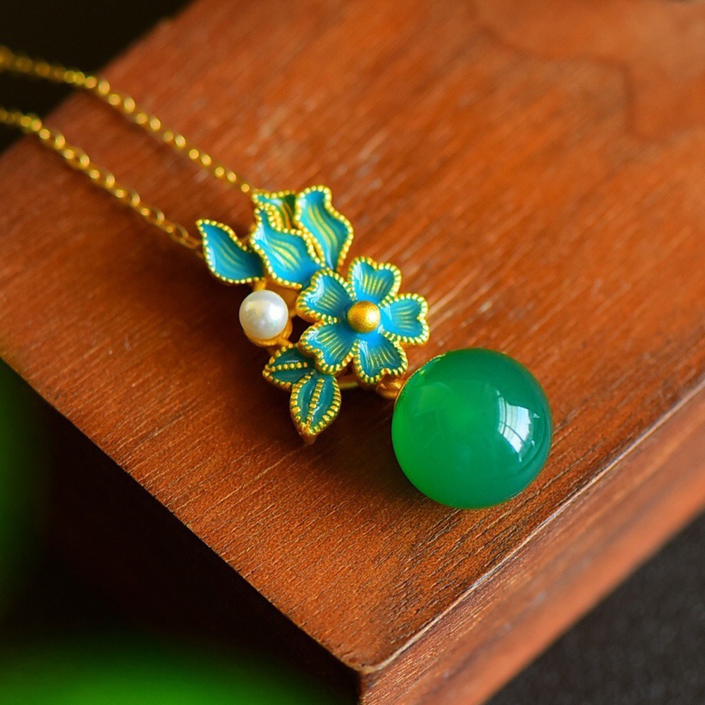 項鍊 飾品 純銀項鍊 S925 金色綠玉髓 新中式 瑪瑙項鍊 吊墜 花朵吊墜 古風 玉石 掛件 穿搭配件 銀飾 496
