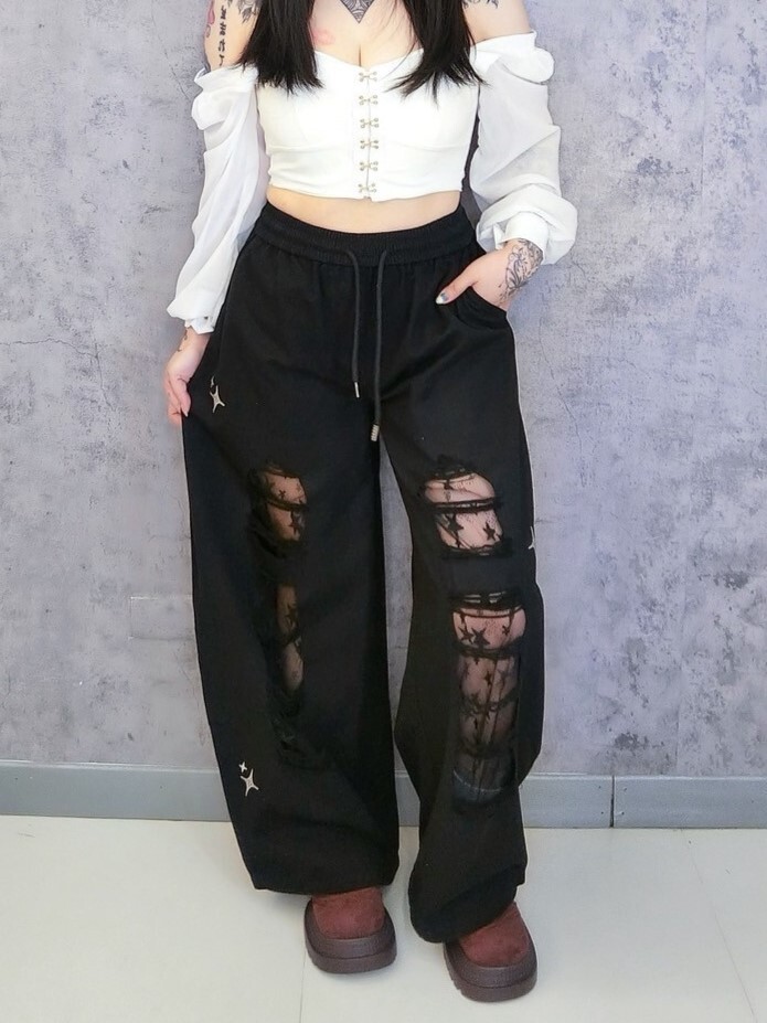 刺繡牛仔設計款破洞網紗褲