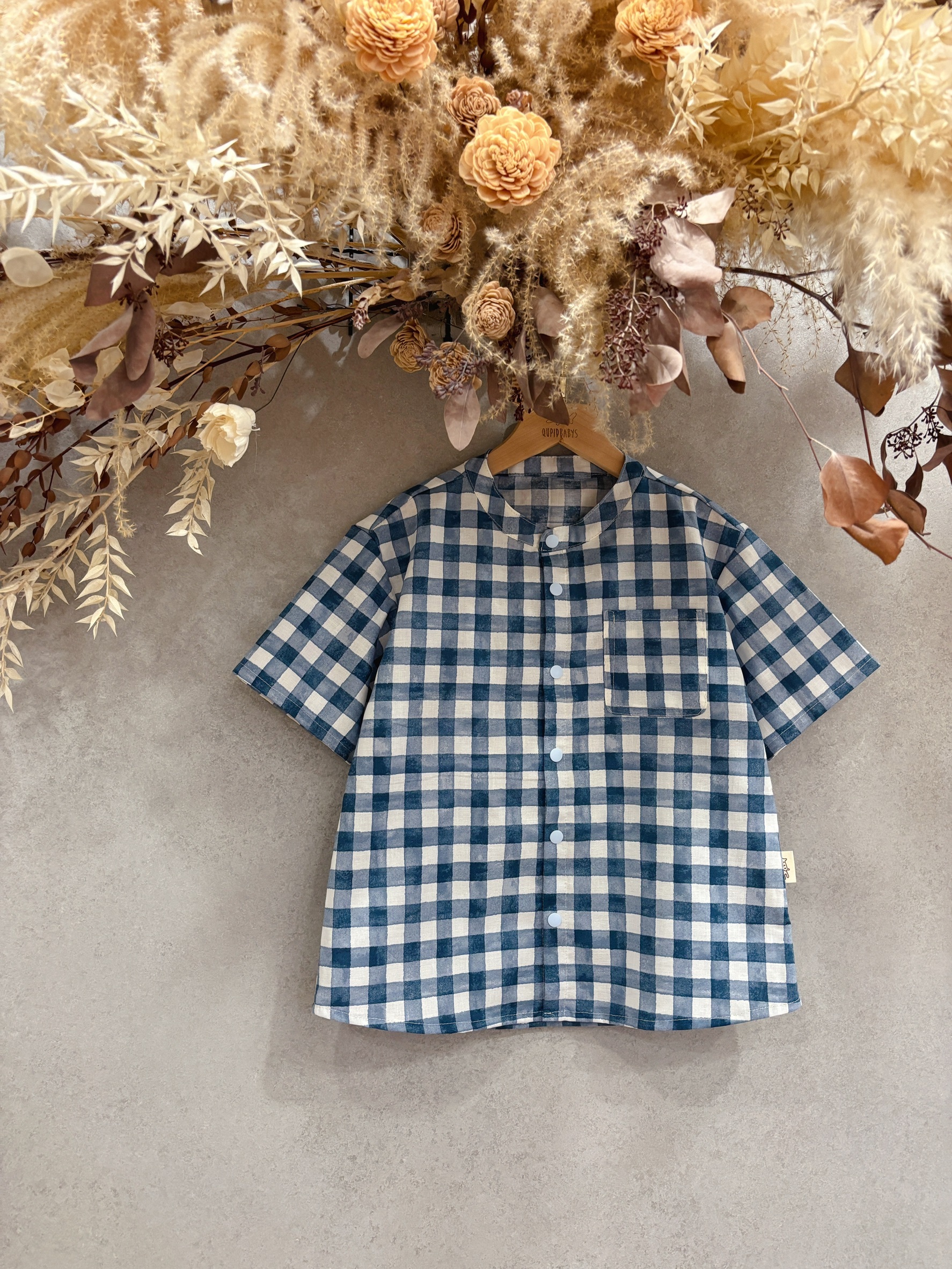 藍白格 小孩圓領短袖襯衫（120）