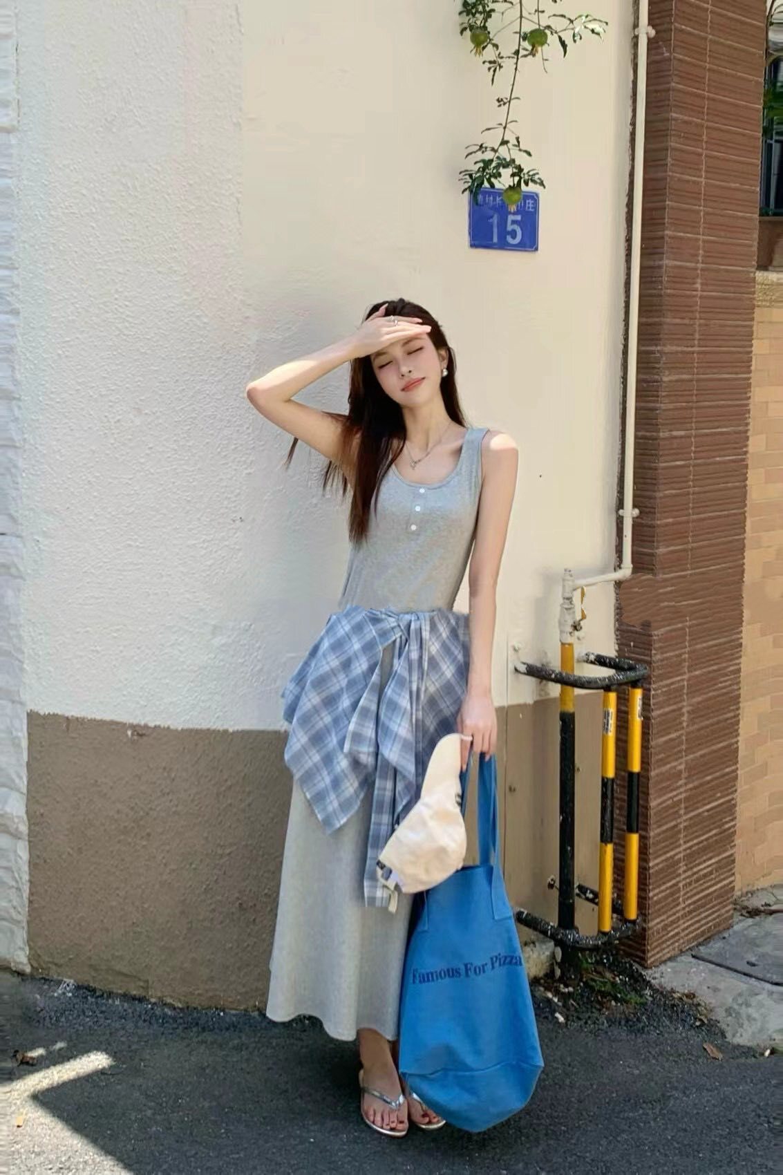 洋裝丨腰綁假格子襯衫彈力棉背心洋裝