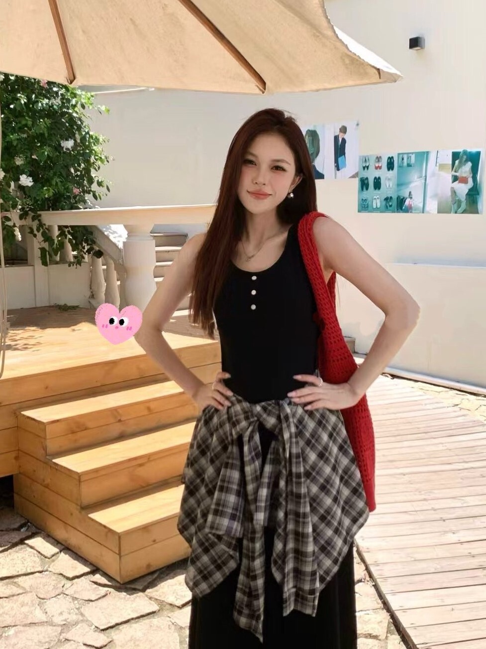 洋裝丨腰綁假格子襯衫彈力棉背心洋裝