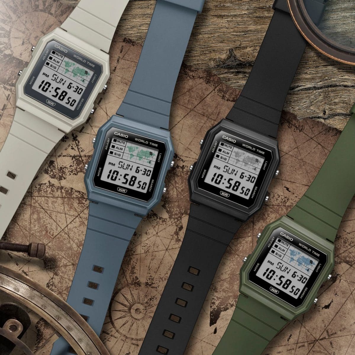 Casio LF-30W-8A 世界地圖 灰白色 膠帶 方形復古跳字錶
