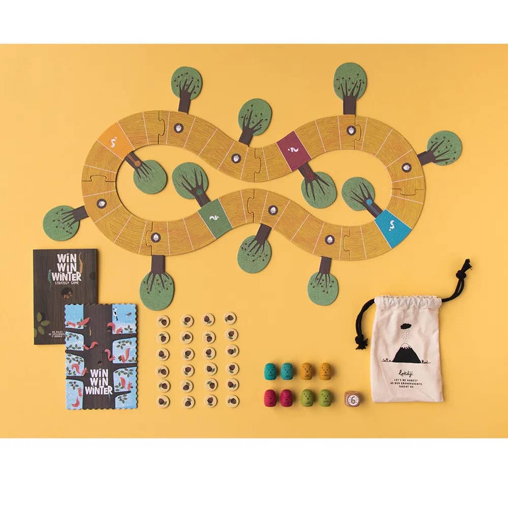 Londji收集果實戰策遊戲，1張遊戲板、8片拼圖組合、24張果實卡、8個木製松鼠棋子(4色各2個)