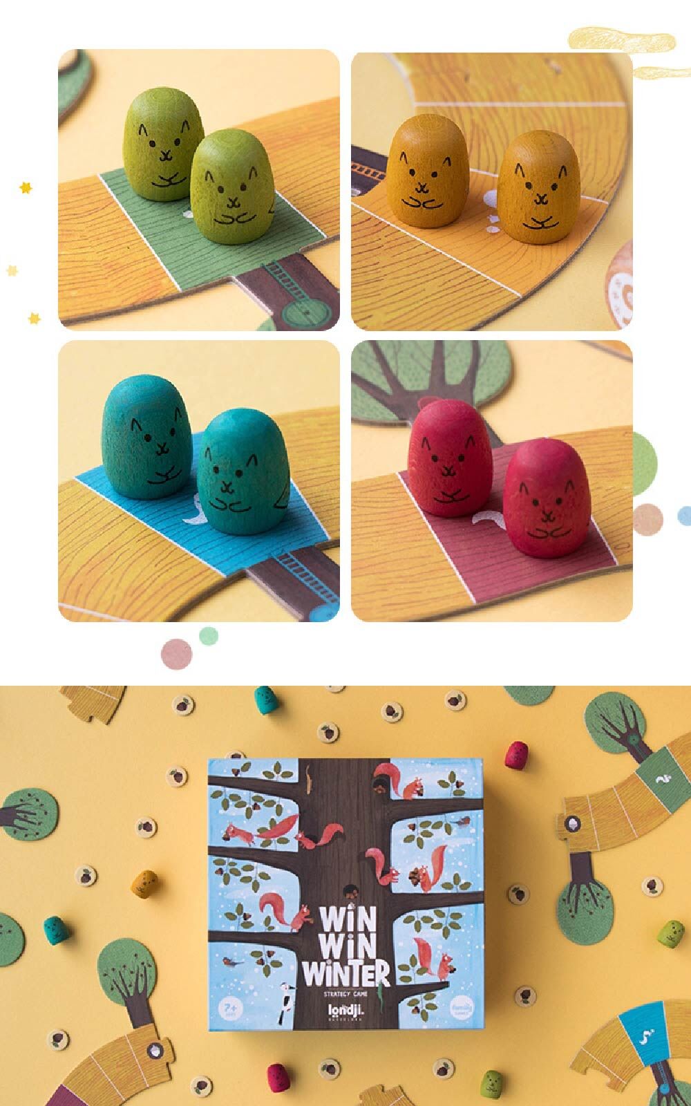 Londji收集果實戰策遊戲，8個木製松鼠棋子，共4色各2個，插畫家Canseixantag設計
