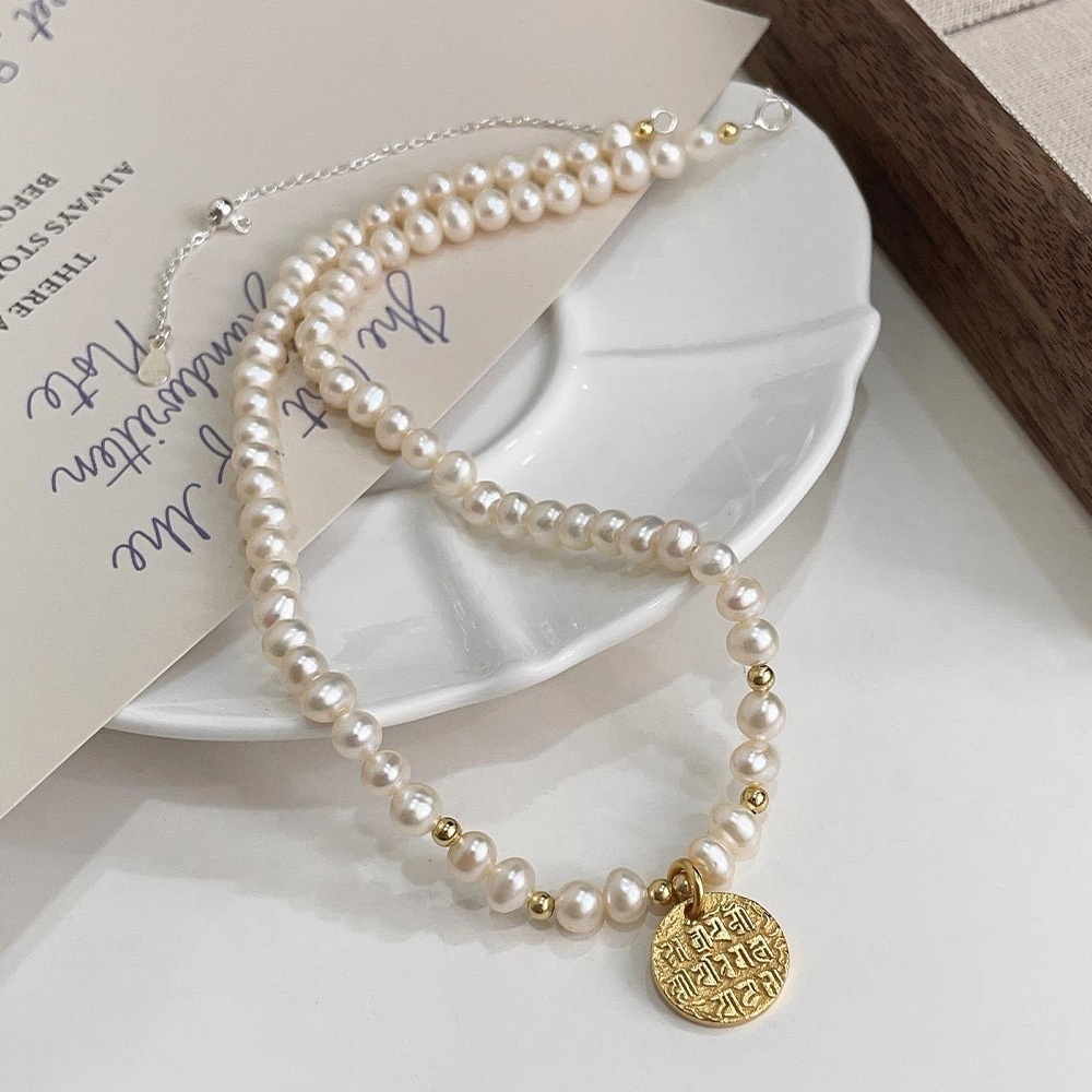 珍珠項鍊 圓牌項鍊 古法金 幾何珍珠 s925純銀 項鍊 飾品 頸鏈 鎖骨鏈 銀飾 女生項鍊 復古風 氣質 送禮 477