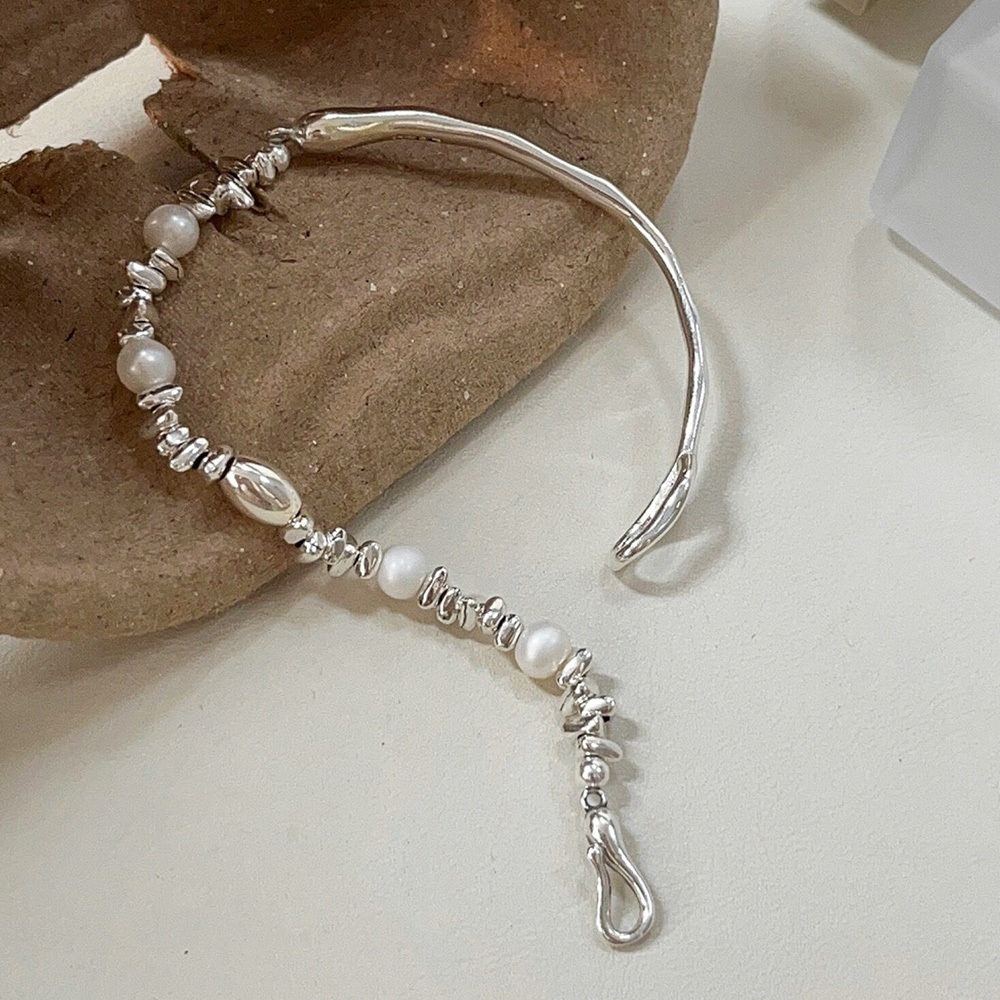 珍珠手鍊 珍珠搭彎管 半鐲珍珠手鍊 碎銀手鍊 飾品 s925純銀 手鍊 銀飾 女生手鍊 韓版手鍊 氣質 純銀手鍊 475