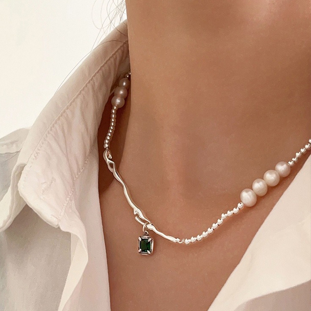 珍珠項鍊 綠鋯石吊墜 珍珠搭彎管 天然珍珠 項鍊 圓珠項鍊 s925純銀 銀飾 飾品 女生項鍊 鎖骨鏈 純銀項鍊 474