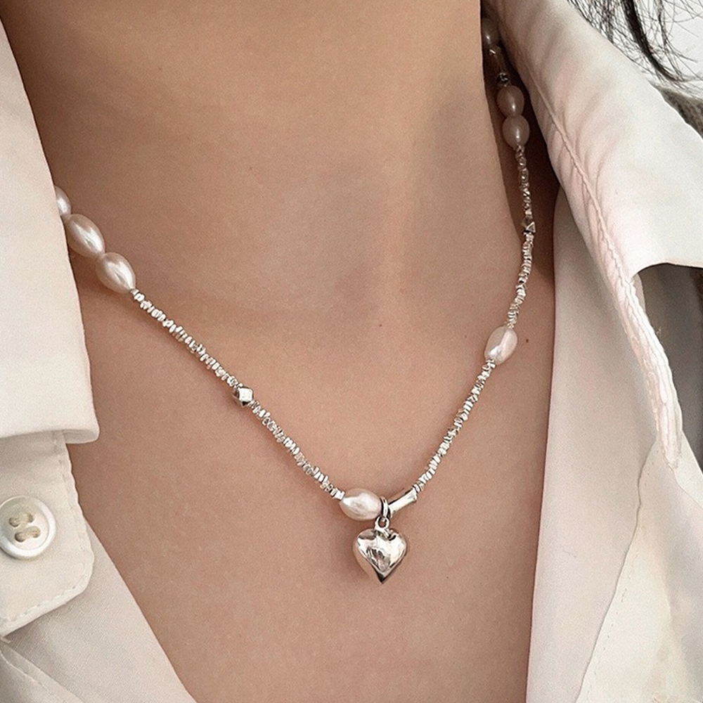 碎銀項鍊 珍珠項鍊 愛心吊墜項鍊 淡水珍珠 飾品 項鍊 銀飾 s925純銀 女生項鍊 鎖骨鏈 韓版項鍊 禮物 氣質472