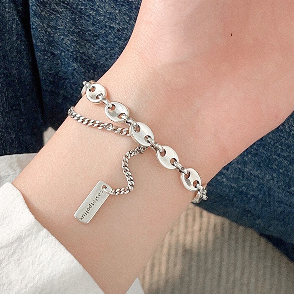 豬鼻子手鍊 雙層手鍊 銀飾 飾品 手鍊 s925純銀 小吊牌手鍊 流蘇鏈 女生手鍊 高級感 純銀手鍊 搭配小物 469