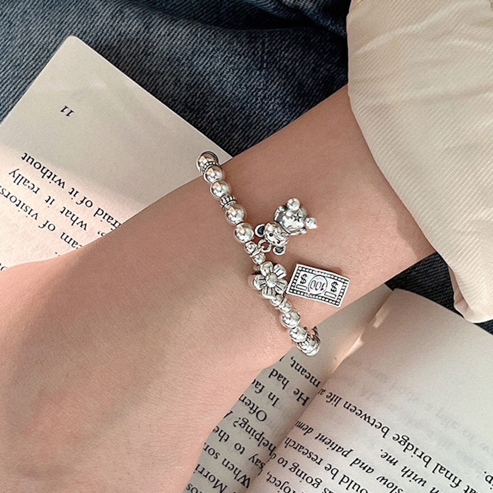 手鍊 小熊手鍊 圓珠手鍊 銀飾 s925純銀 圓珠彈力繩 女生手鍊 小花手鍊 鈔票吊墜 純銀手鍊 首飾 星星小熊 463