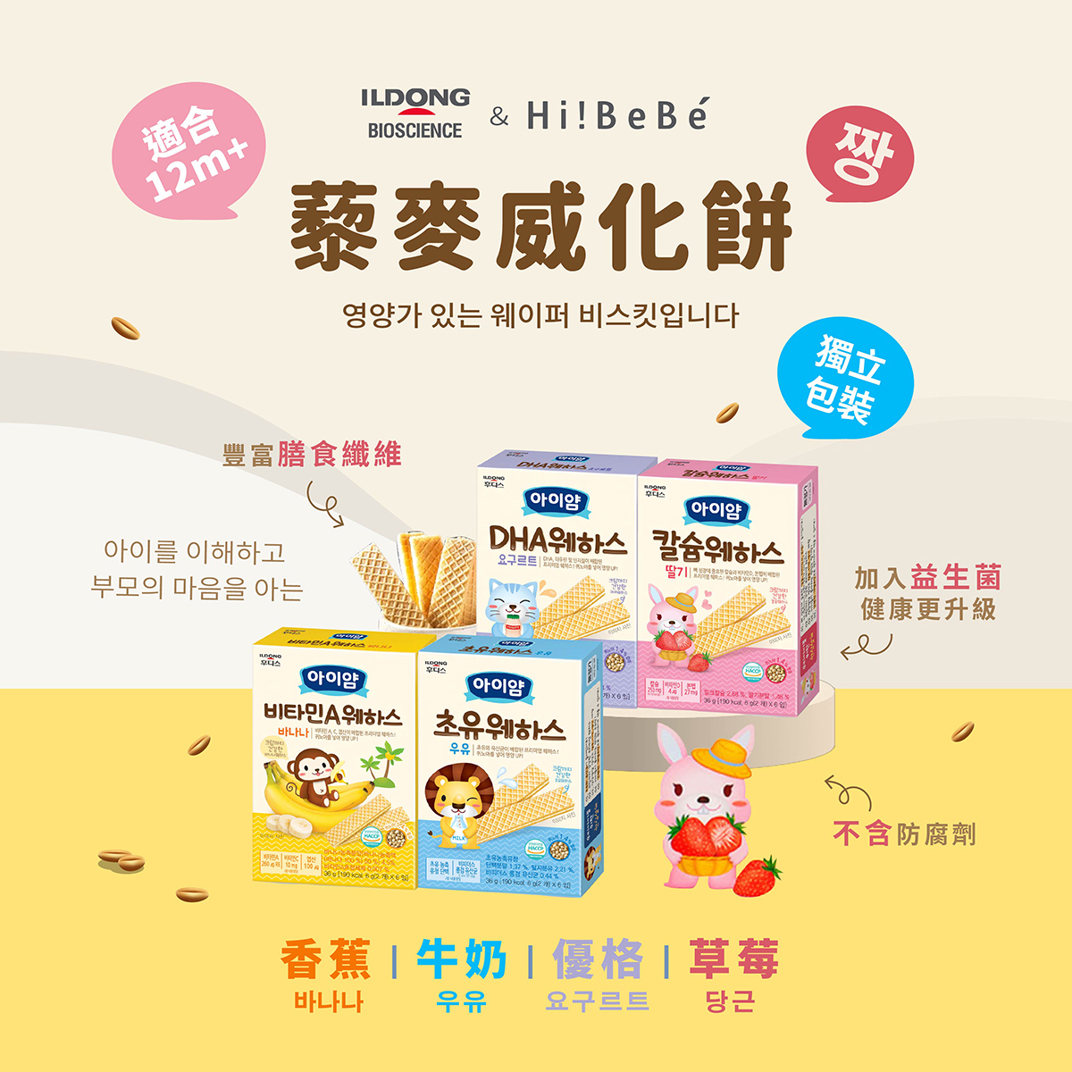 韓國【 ILDONG FOODIS 日東】 藜麥威化餅36g｜香蕉｜優格｜初乳牛奶｜鈣＋草莓｜12m+｜常溫