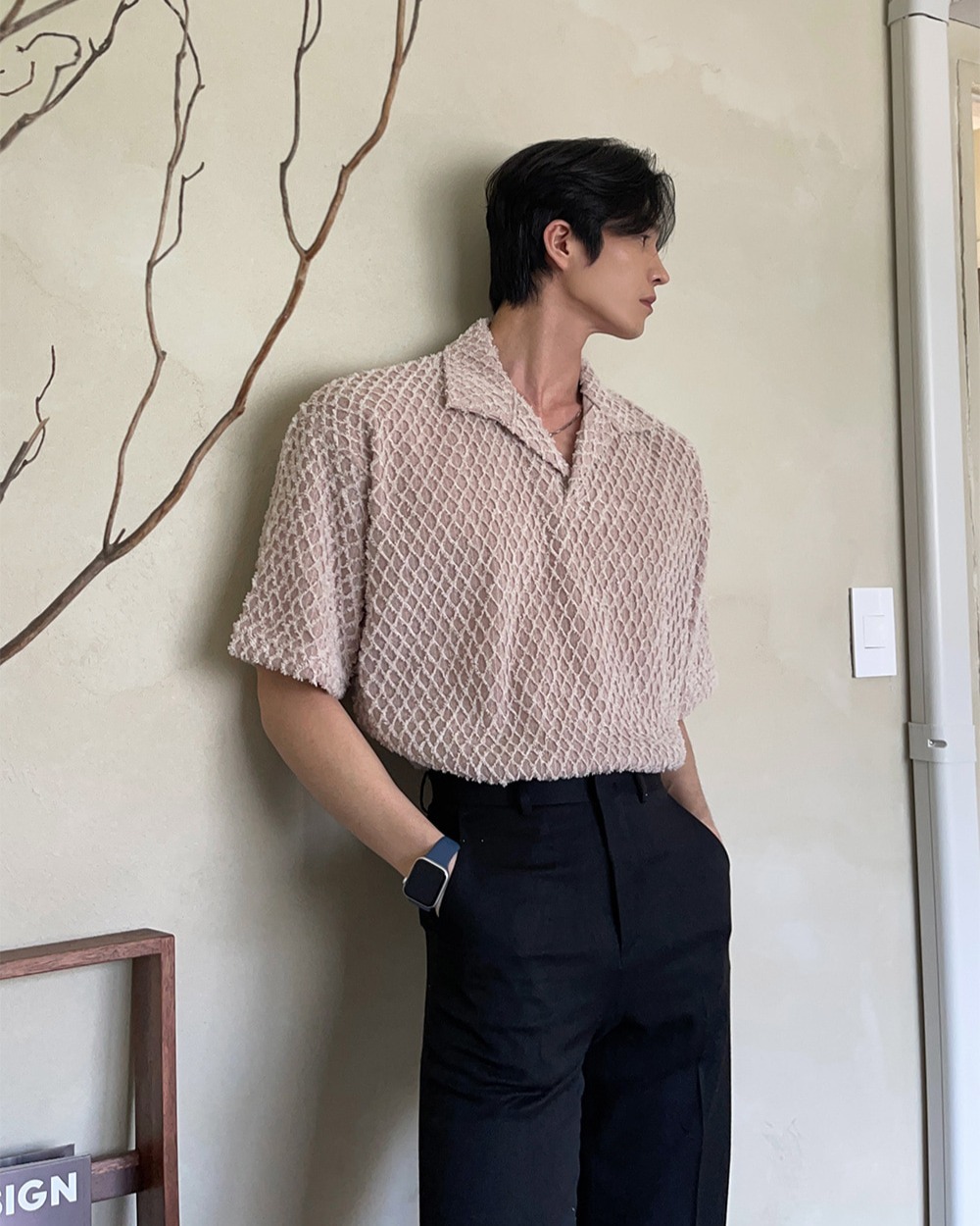 鑽石拉舍爾針織短袖上衣