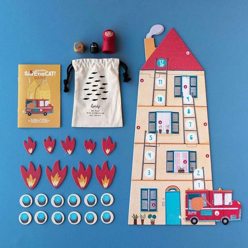 Londji搶救貓咪合作遊戲，拯救困在屋頂的貓咪。遊戲中認識數字和價值，學習討論共識，決定最佳策略。