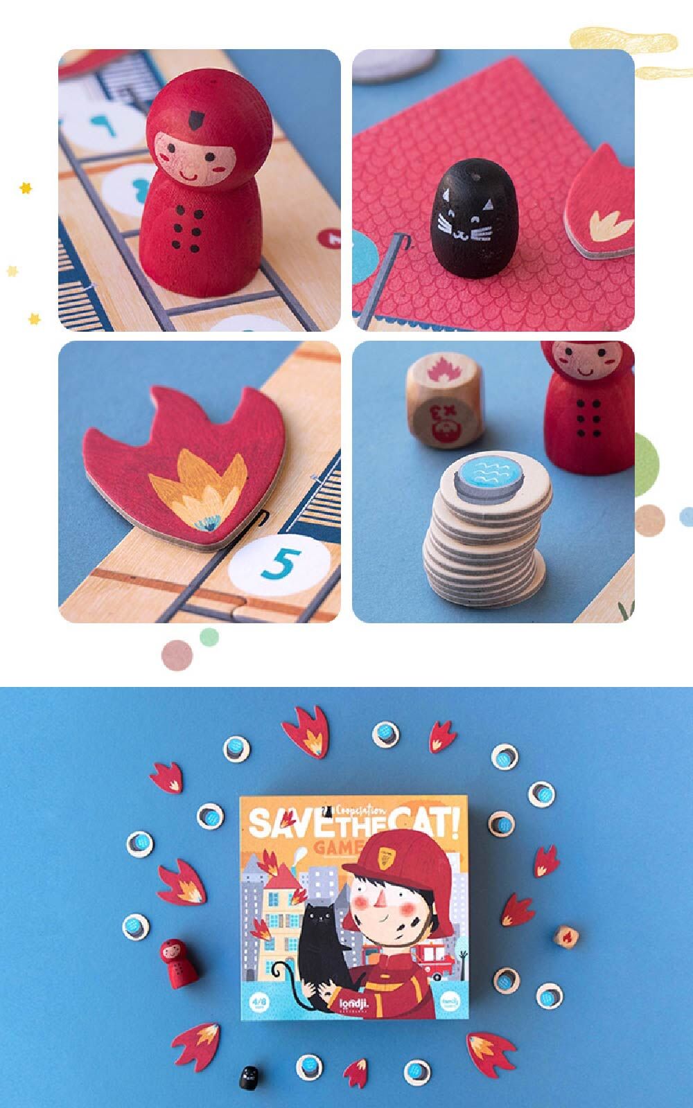 Londji搶救貓咪合作遊戲，天然植物塗料、環保紙質。生動有趣的卡通設計。