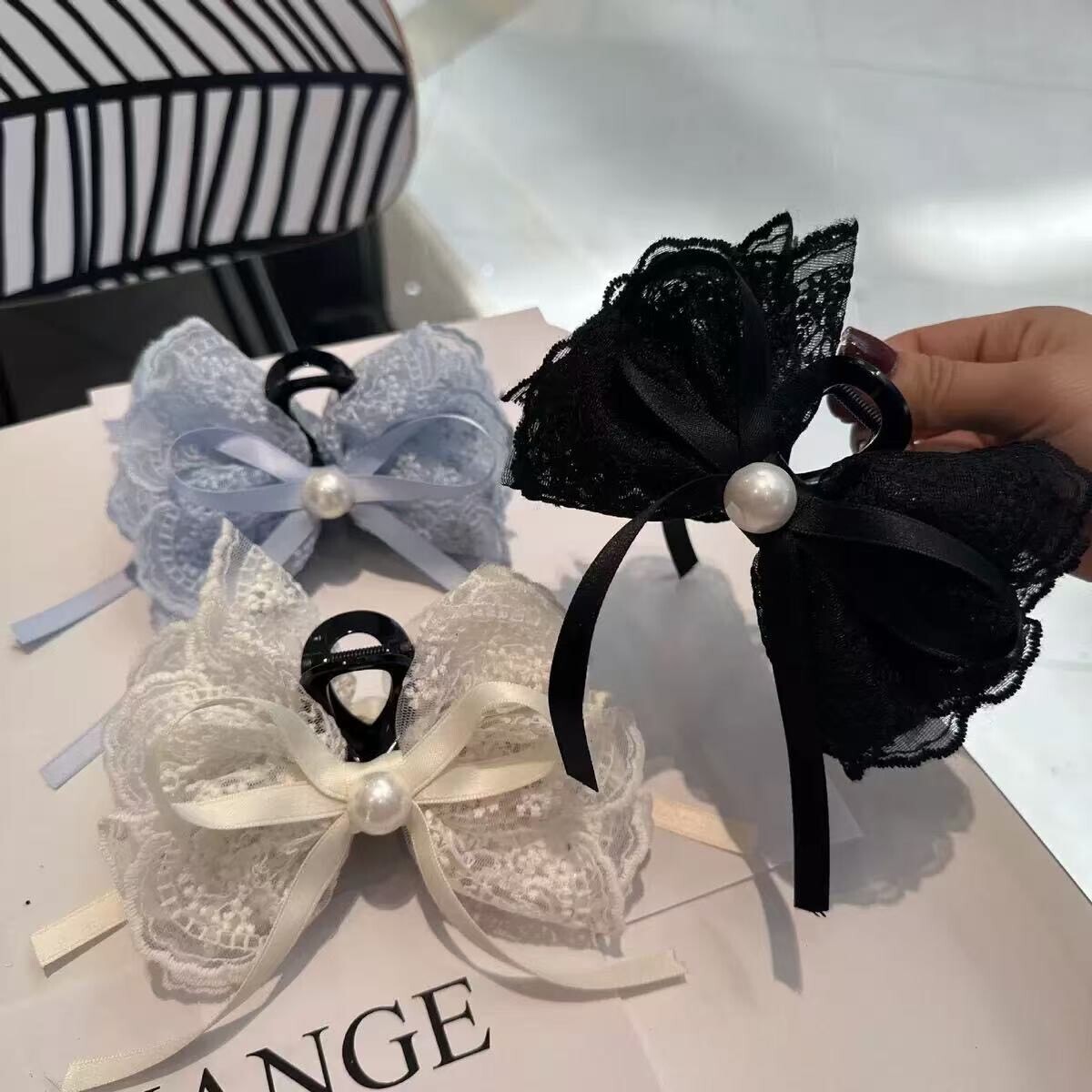 Z210蕾絲緞帶蝴蝶結珍珠鯊魚夾