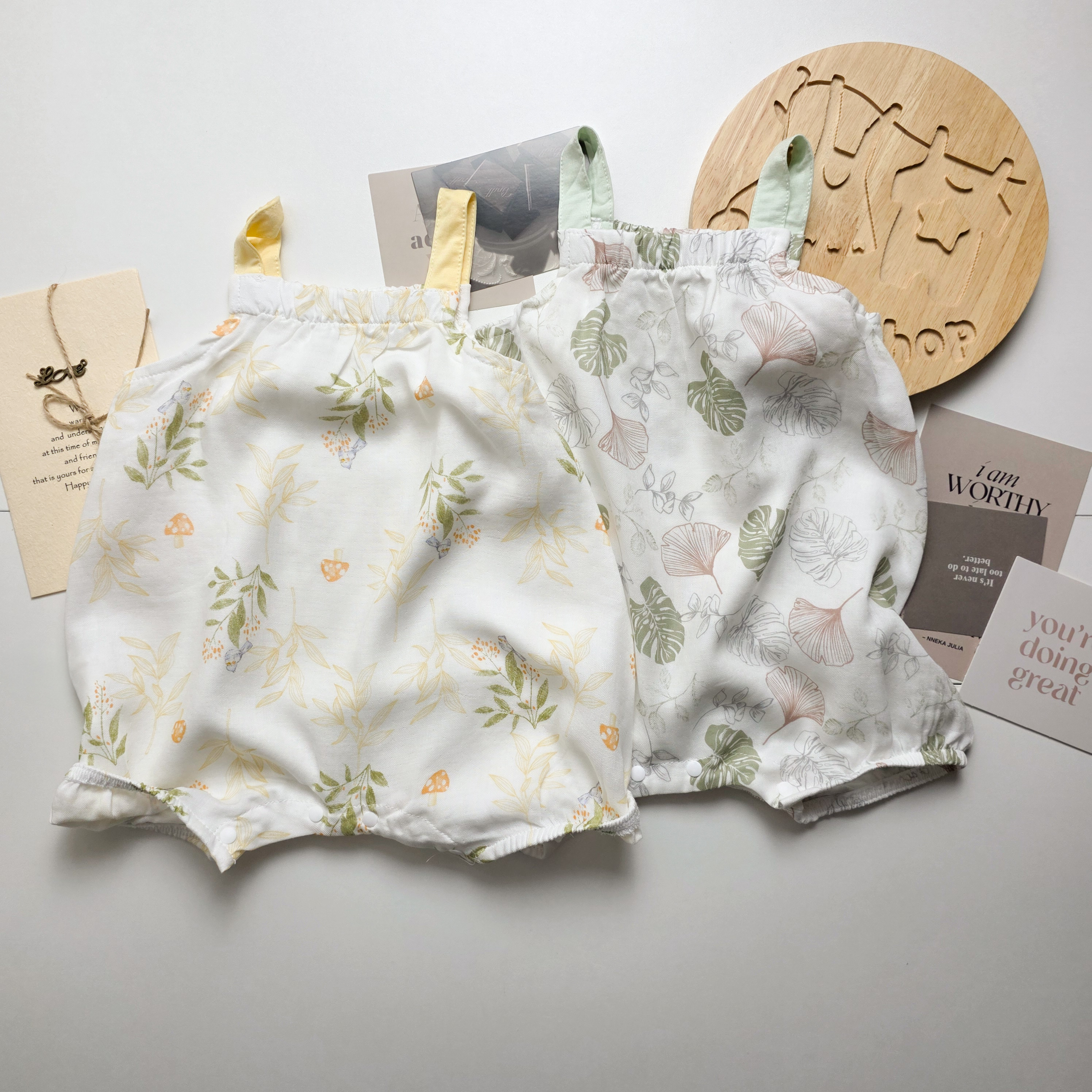 綠線森葉  麻紗背心包屁衣