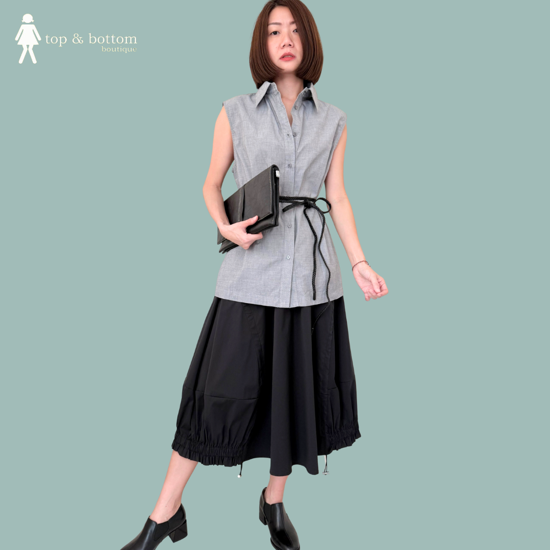 ELASTIC WAISTED COTTON TIE-STRIP HEM MIDI SKIRT