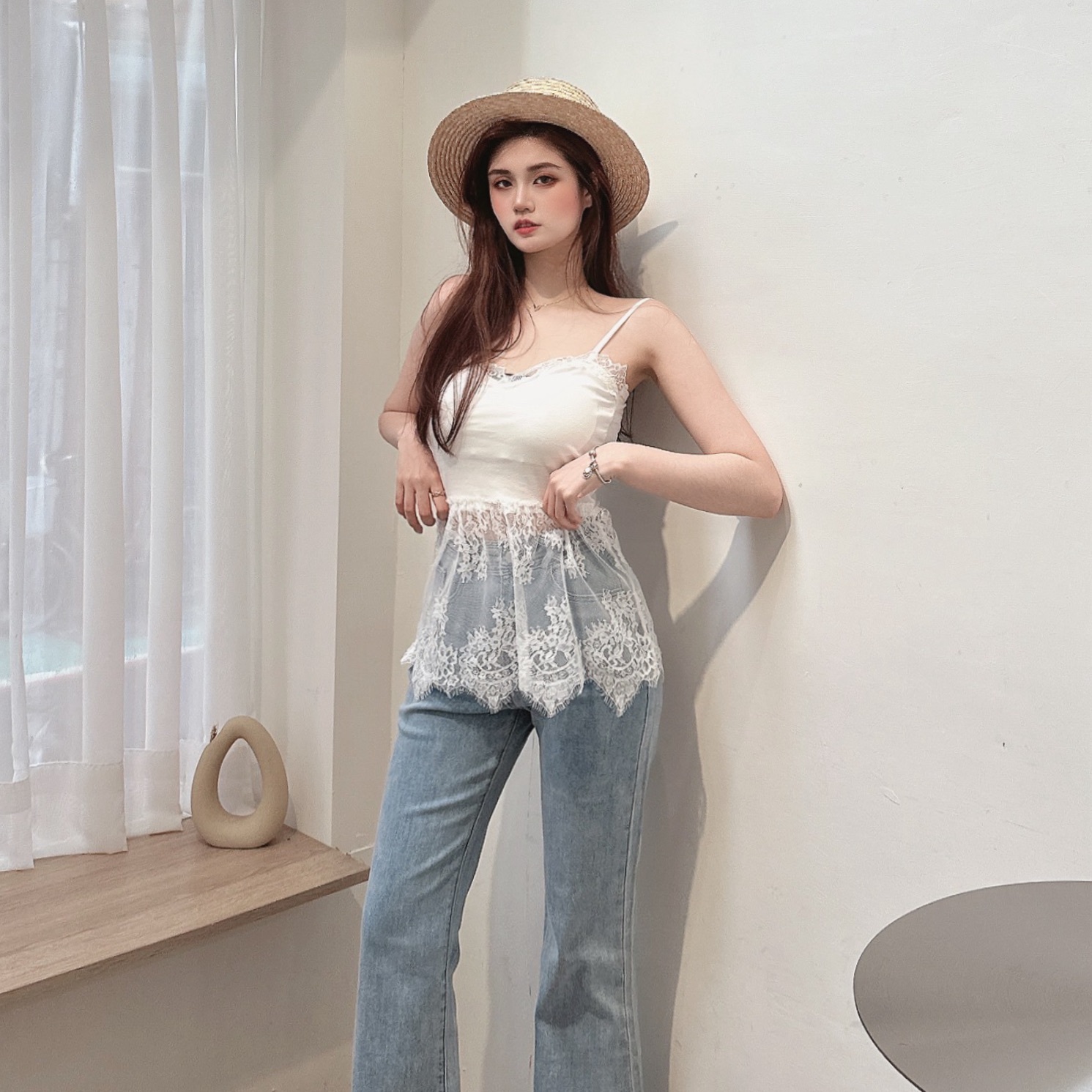 拼接蕾絲胸墊背心/二色