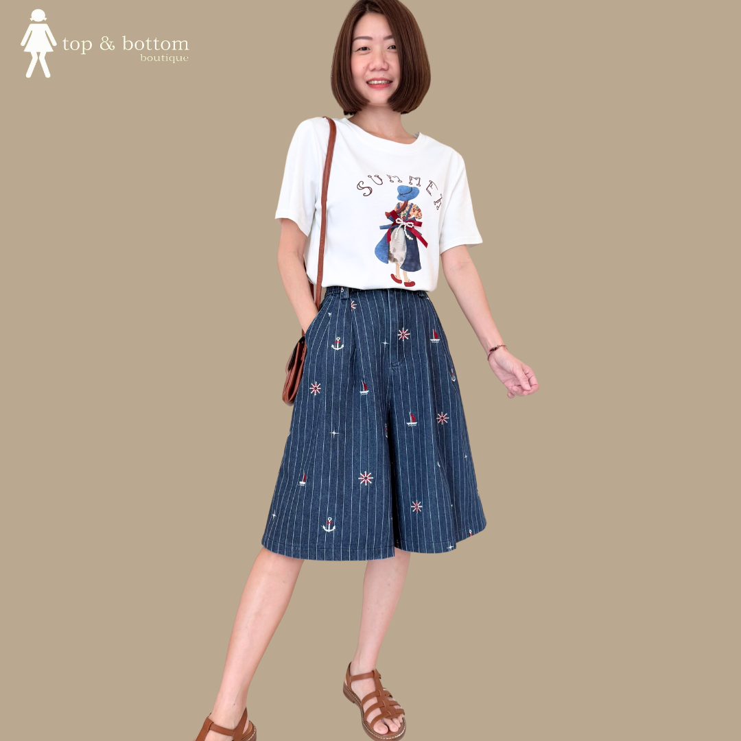 DENIM KNEE LENGTH PANT WITH EMBROIDERED DETAILED