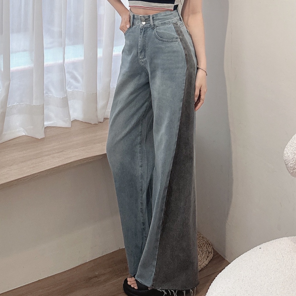 拼接撞色修飾牛仔寬褲/單一色