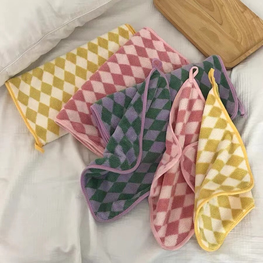 《6075》復古菱格紋珊瑚絨吸水浴巾