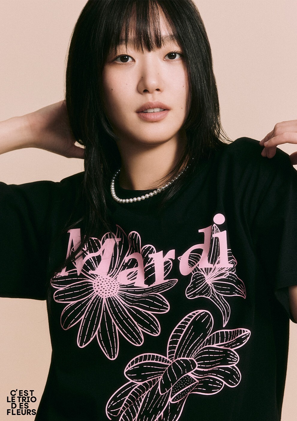 Mardi Mercredi 三朵花落肩寬鬆短袖T恤 –黑粉