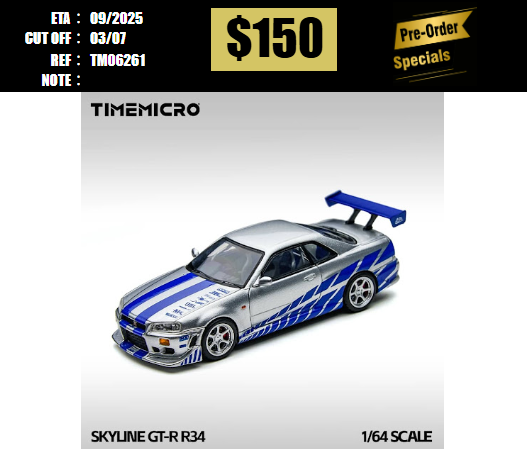 PO-$150 * TIME MICRO * 1:64 NISSAN SKYLINE GT-R R34 FNF SILVER BLUE [OD26/06]