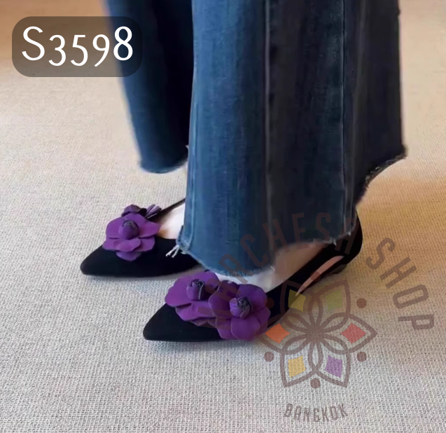 S3598 - 羊猄皮立體紫花尖頭低踭鞋