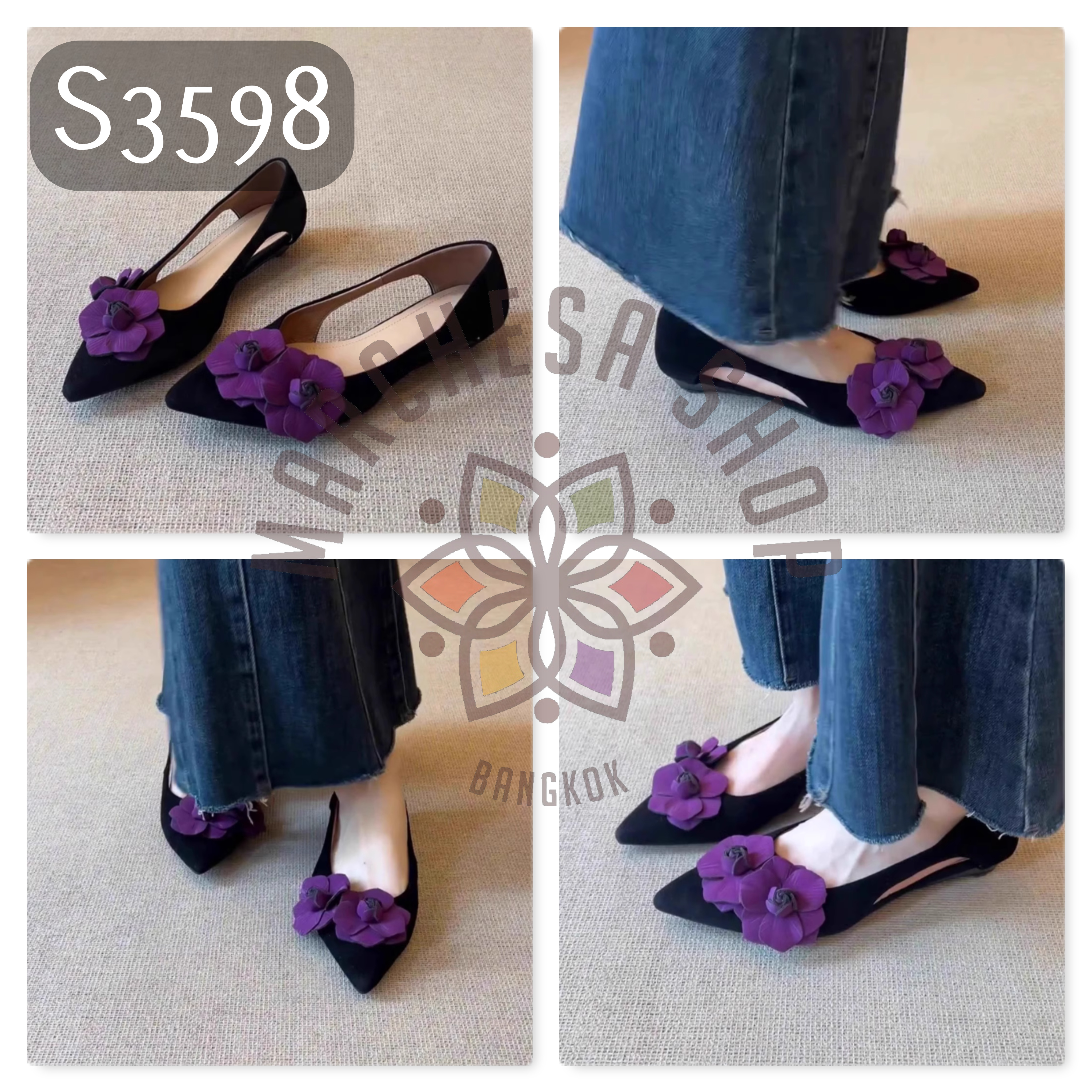 S3598 - 羊猄皮立體紫花尖頭低踭鞋