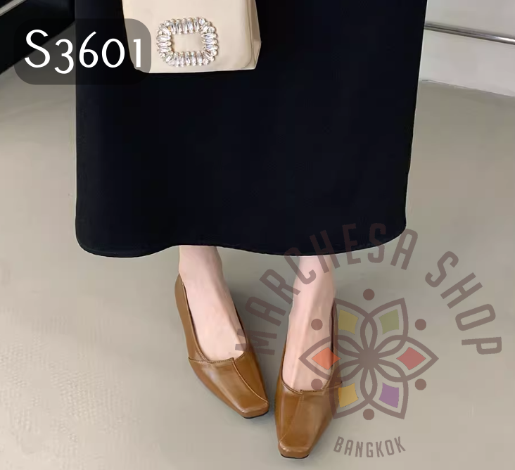 S3601 - 頭層羊皮拼接車綫方頭低踭鞋