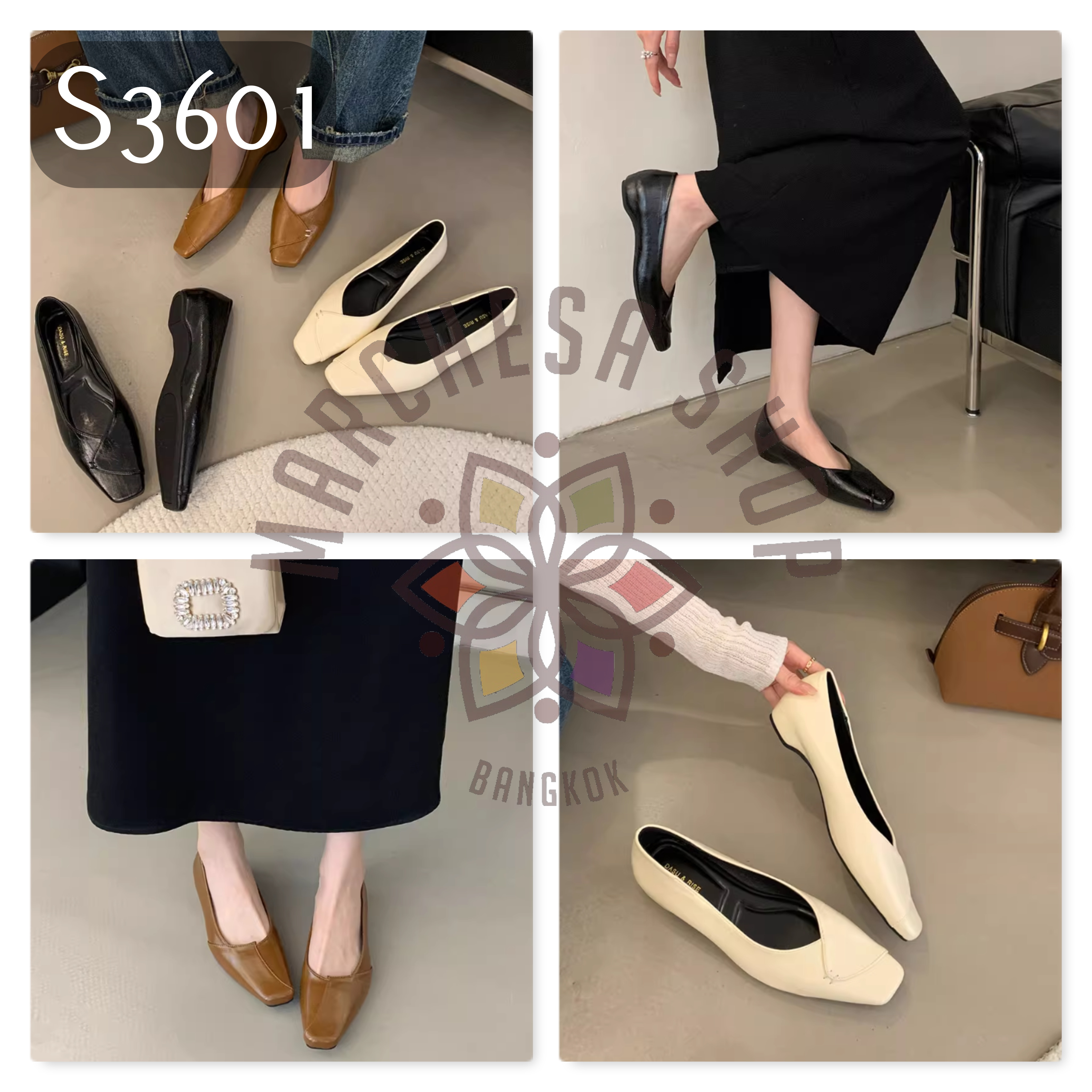 S3601 - 頭層羊皮拼接車綫方頭低踭鞋