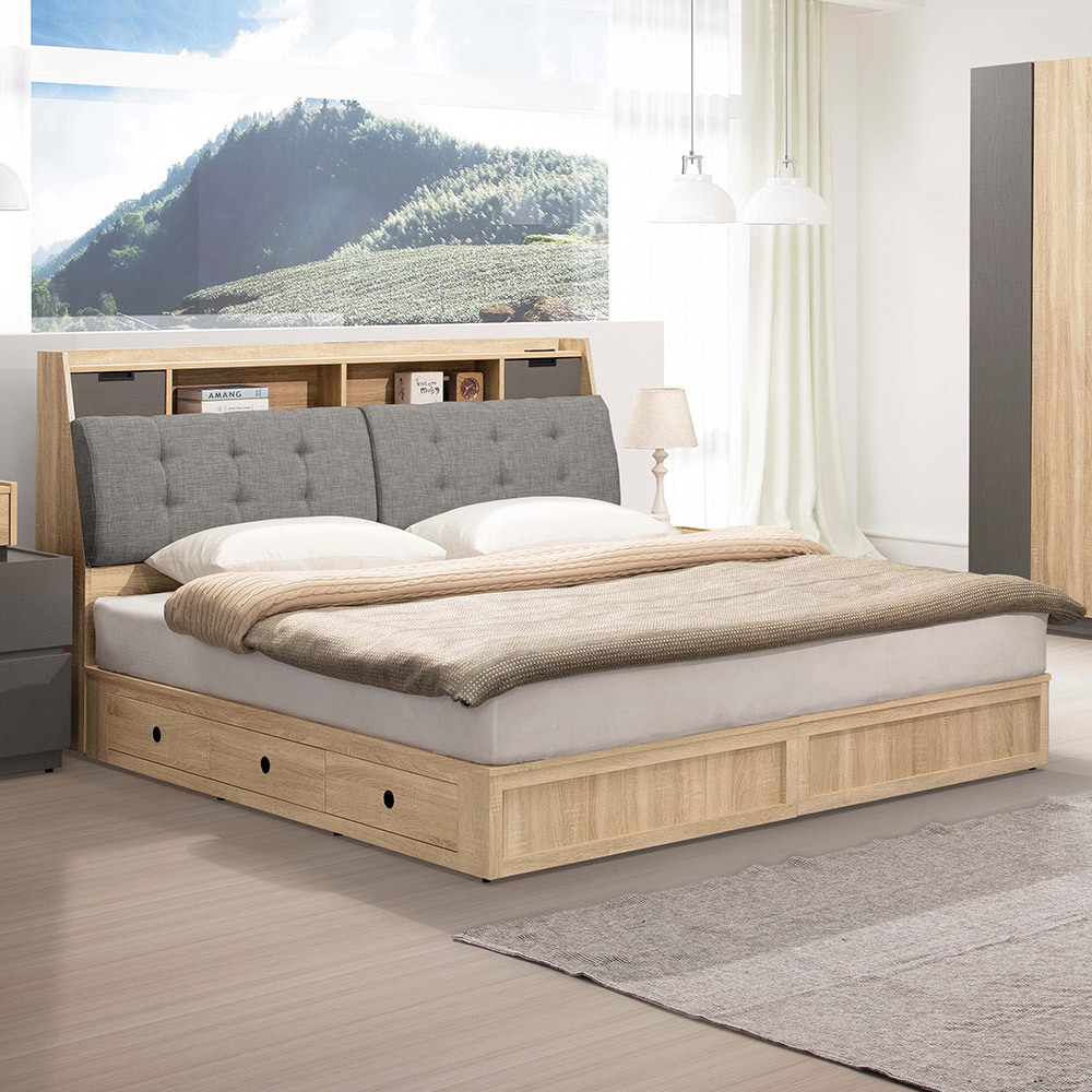 尼亞德6尺雙人加大床組(附插座床頭箱+三抽收納床底-不含床墊)