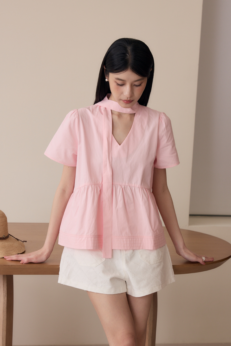 綁帶領寬襬上衣