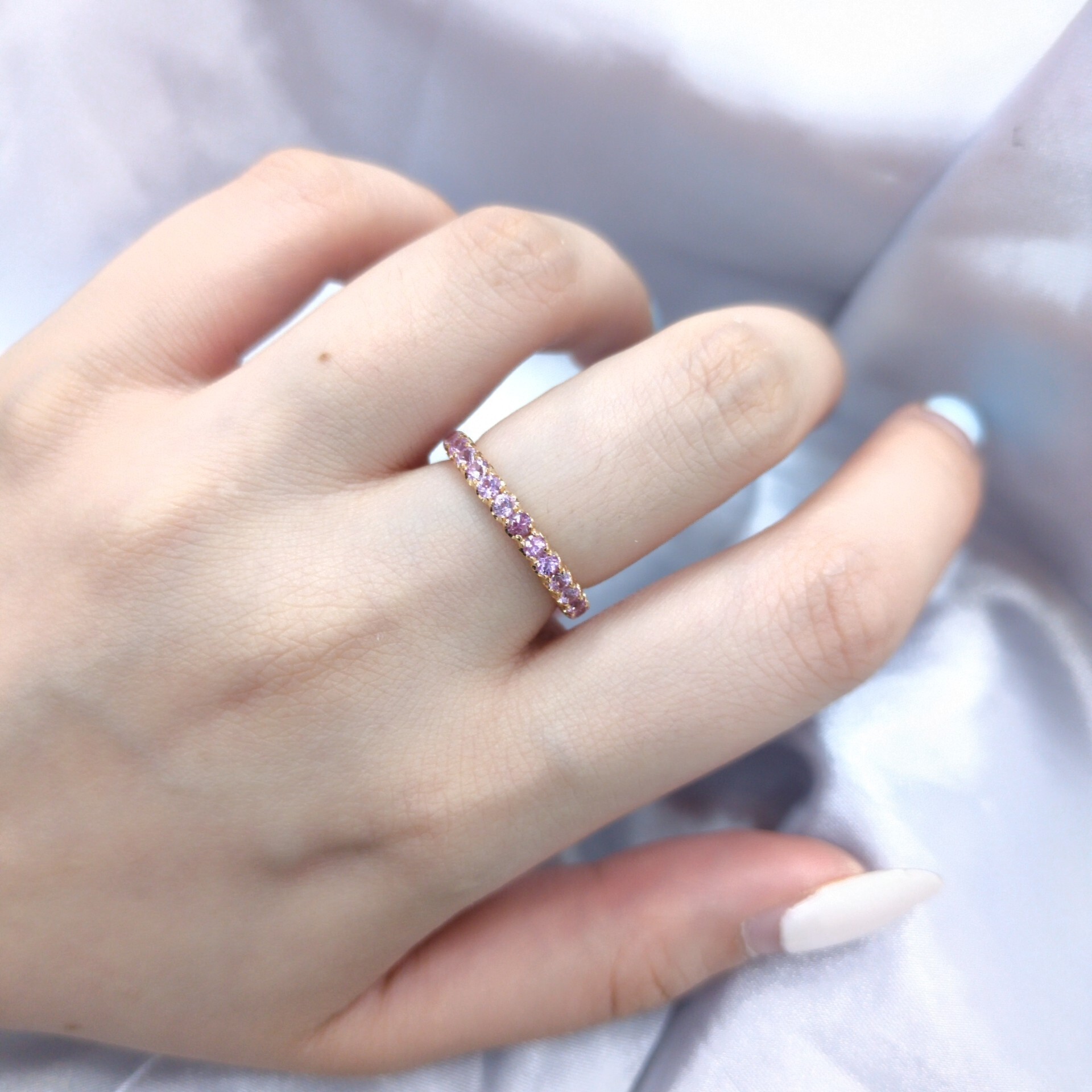 全新18K玫瑰金1卡25份天然粉紅藍寶石配3份鑽石全圈戒指