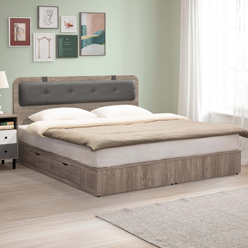 利奇5尺雙人灰橡色床組(貓抓皮床頭片+二抽收納床底-不含床墊)