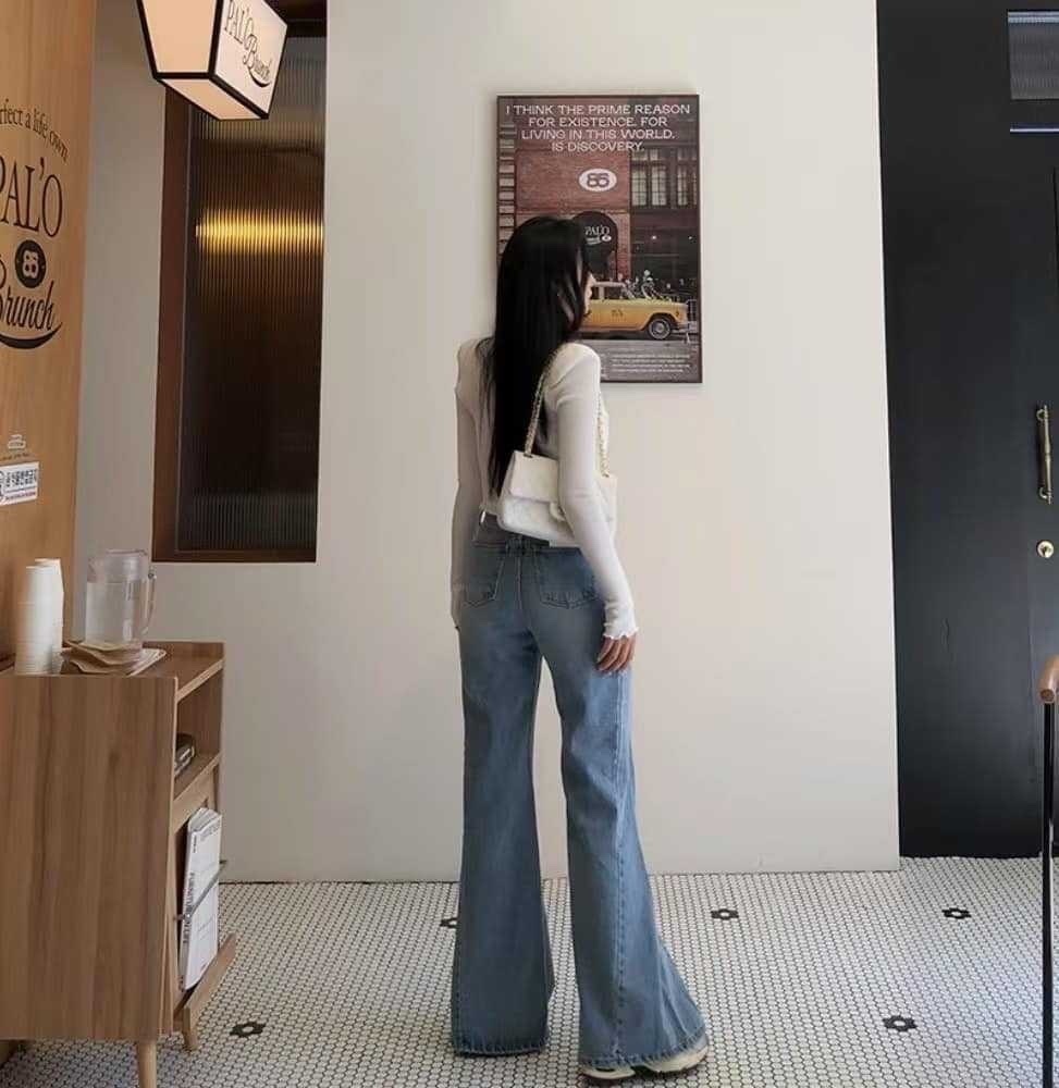 正韓顯瘦高腰喇叭牛仔褲