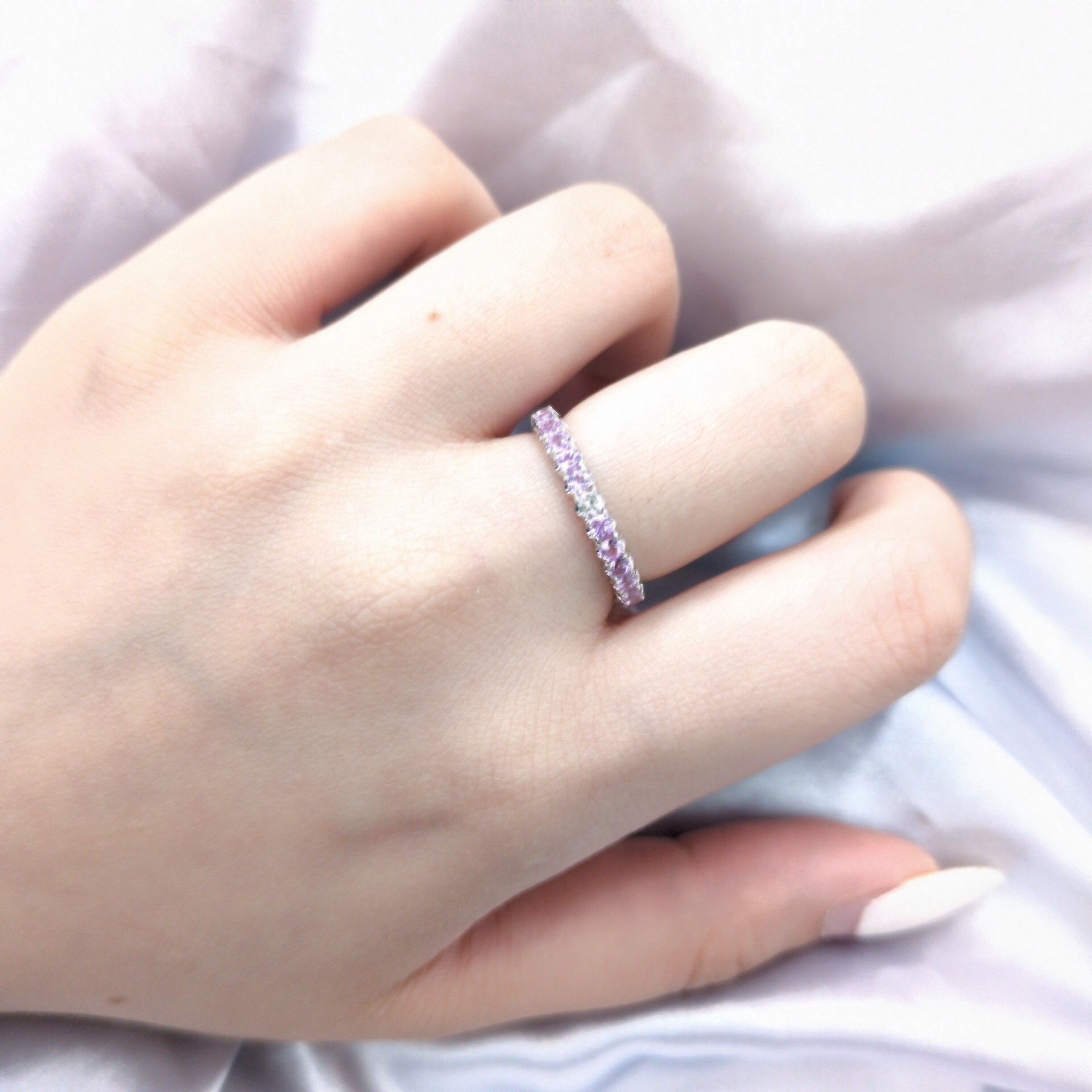 全新18K白金1卡25份天然粉紅寶石配3份鑽石全圈戒指