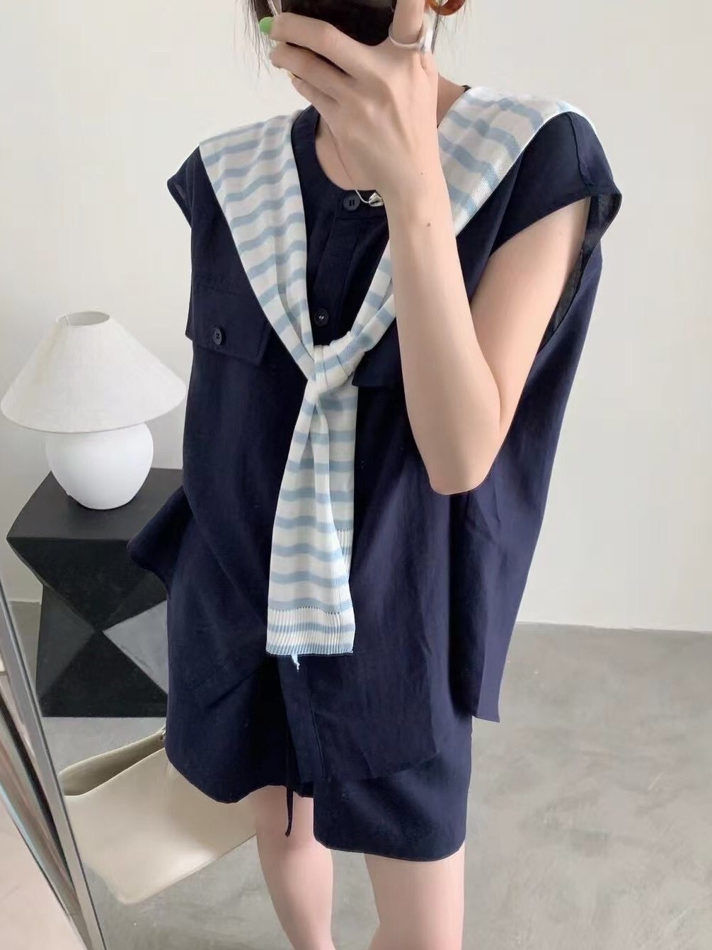 套裝丨小清新圓領麻紗上衣+鬆緊短褲(附小披肩)
