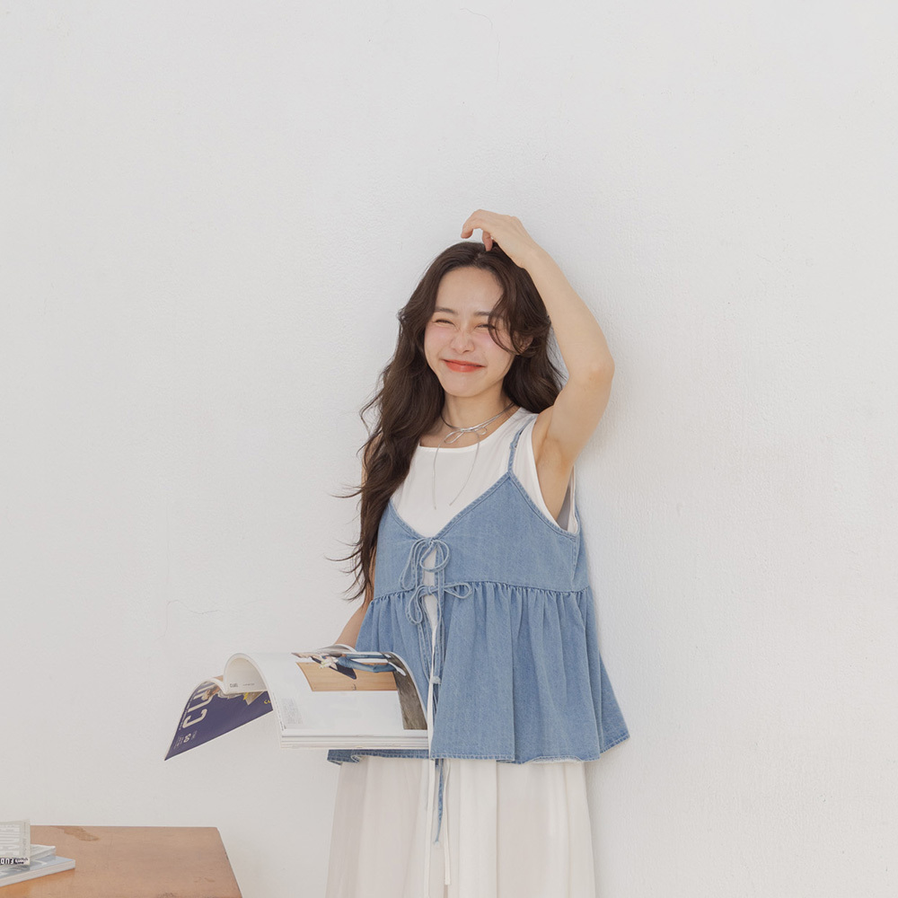 Denim strappy spaghetti strap vest with umbrella hem【01160075】in stock+pre-order