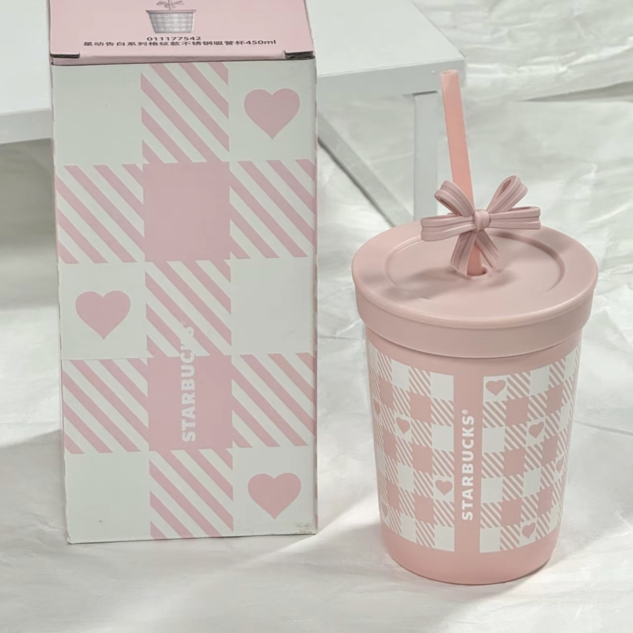 STARBUCKS 星巴克 星動告白系列 450ML 格紋 粉白 不銹鋼吸管杯 水壺