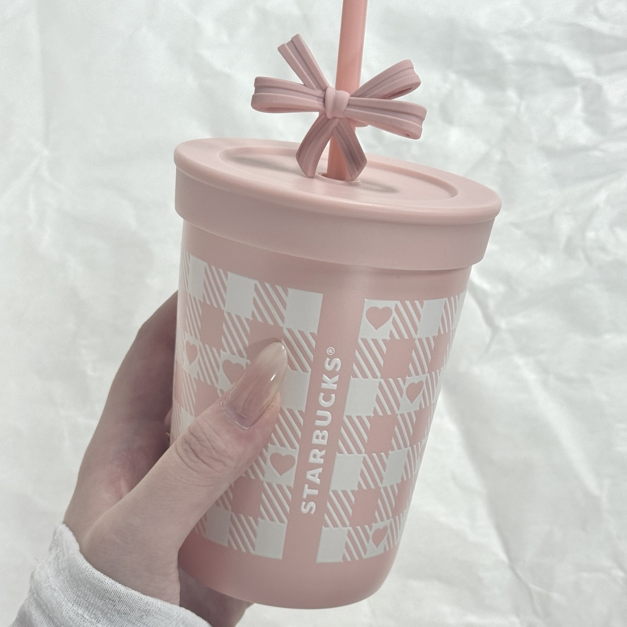 STARBUCKS 星巴克 星動告白系列 450ML 格紋 粉白 不銹鋼吸管杯 水壺