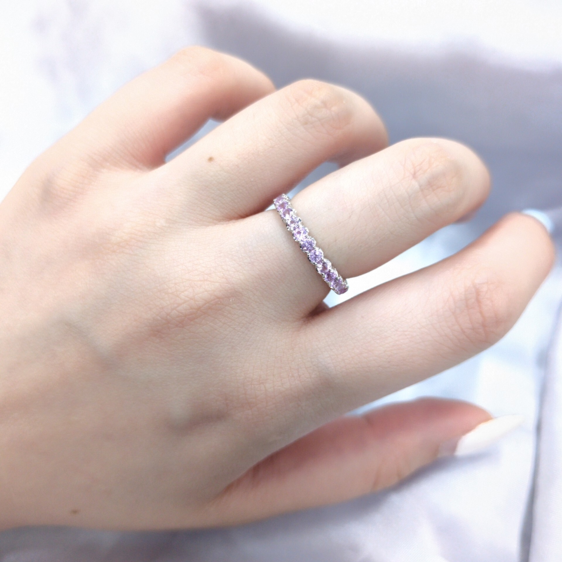 全新18K白金1卡30份粉紅藍寶全圈戒指