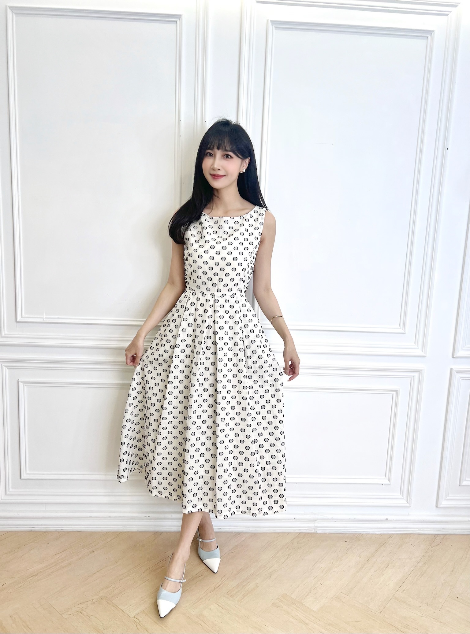 棉麻波紋點口袋洋裝