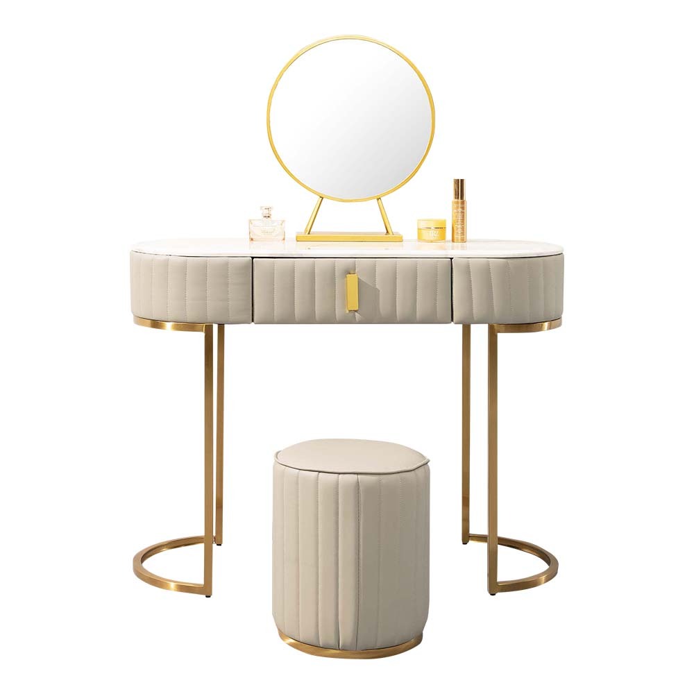 康絲坦3.3尺現代風石面皮革化妝桌/鏡台/梳妝台(附化妝椅及亮燈功能桌上鏡)