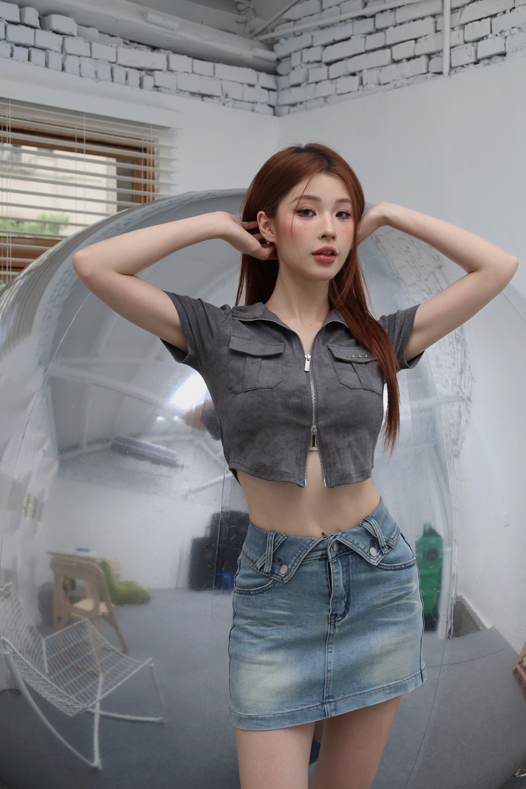 翻領刷色牛仔短裙