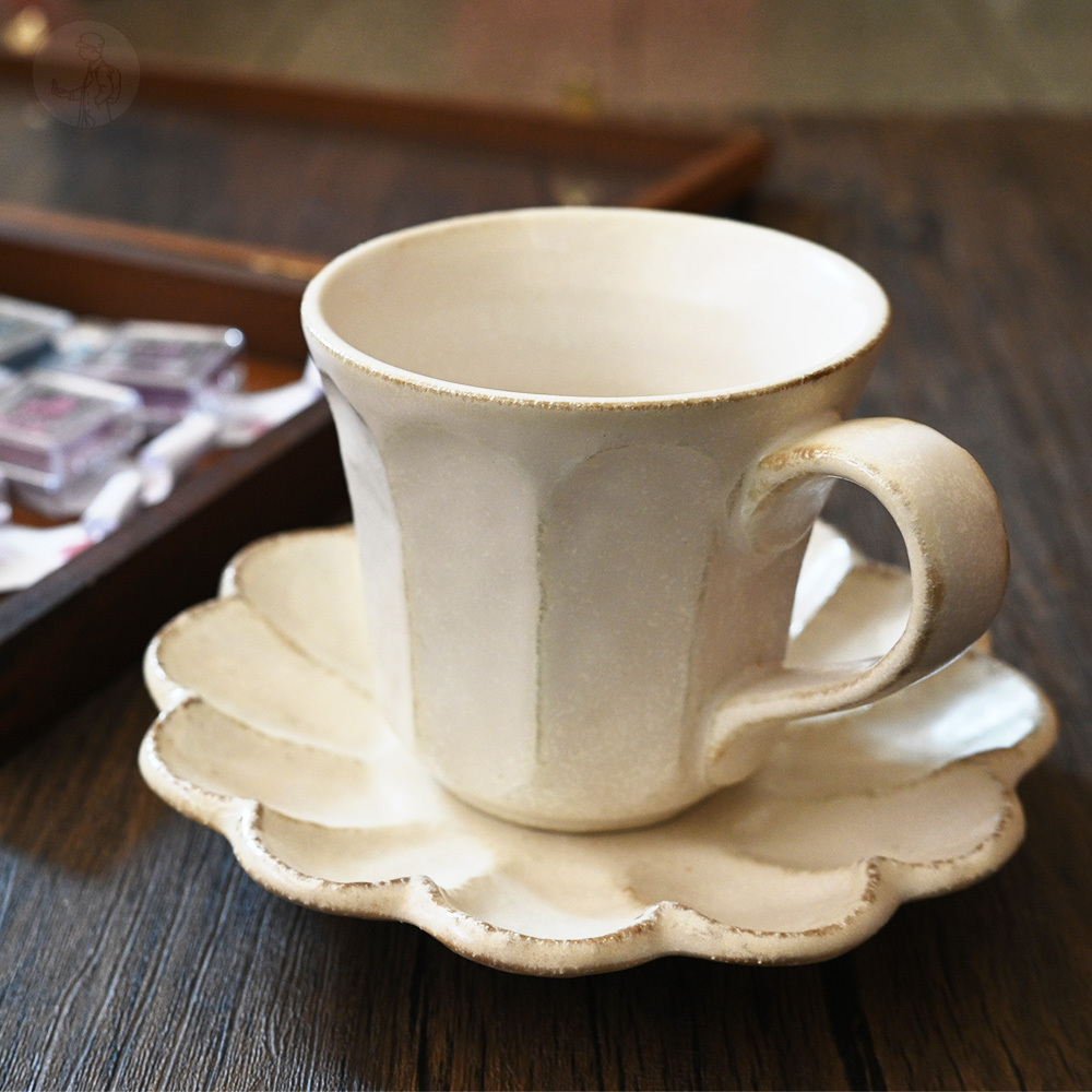 美濃燒 小兵製陶所 輪花粉引白練 杯盤組