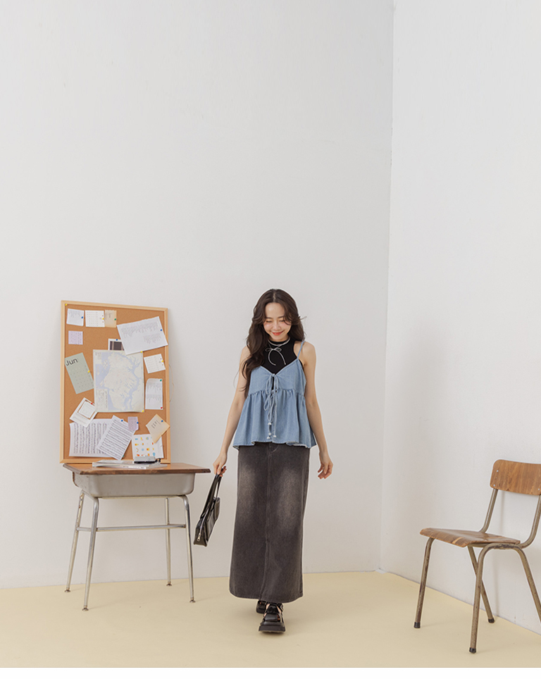 Denim strappy spaghetti strap vest with umbrella hem【01160075】in stock+pre-order